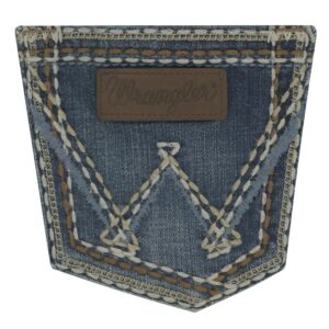 A detailed, closeup look at the stitching and design on a Wrangler Women's Retro Sadie Bootcut Jean pocket.