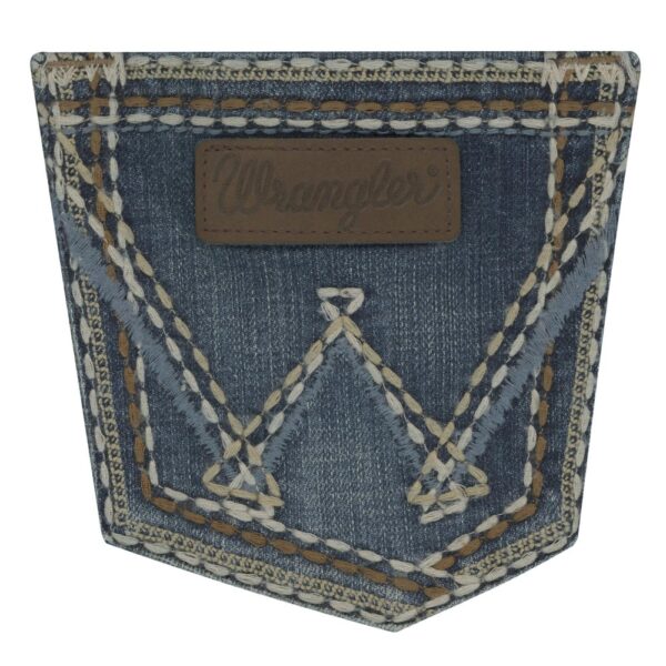 A detailed, closeup look at the stitching and design on a Wrangler Women's Retro Sadie Bootcut Jean pocket.
