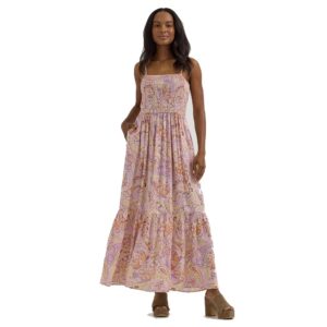 A modeled, front facing, full body look at the Wrangler Women's Smocked Bodice Maxi Dress.