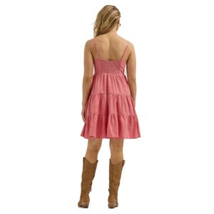 A modeled, rear facing, full body look at the Wrangler Women's Strappy Tiered Dress.