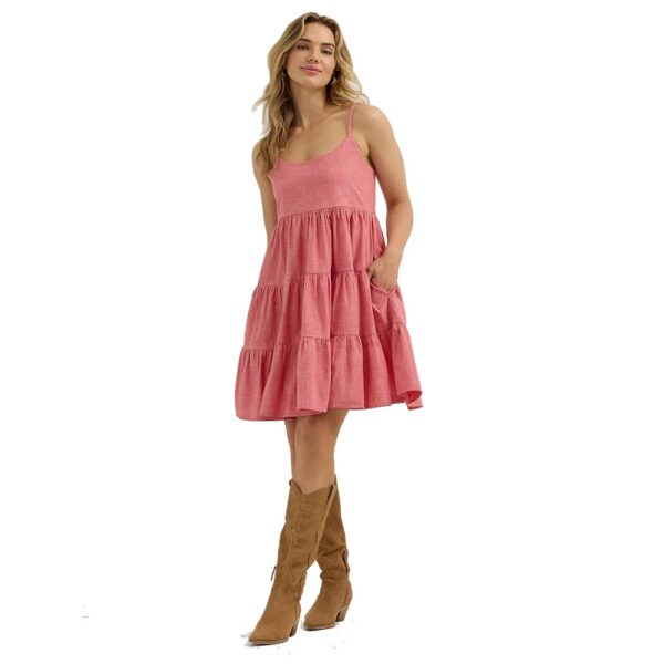 A modeled, front facing, full body look at the Wrangler Women's Strappy Tiered Dress.