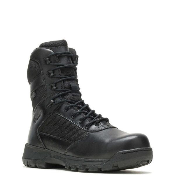 A 3/4 turned Bates Men's Tactical Sport 2 Tall Side-Zip DRYGuard Composite Toe 8" Lace Up Uniform Boot.