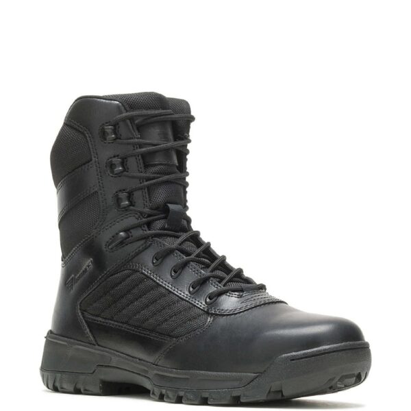 A 3/4 turned Bates Men's Tactical Sport 2 Tall Side-Zip 8" Lace Up Uniform Boot.