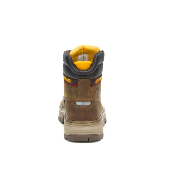 A look at the back and heel of a CAT Men's Colorado Equip Waterproof 6" Lace Up Work Boot.
