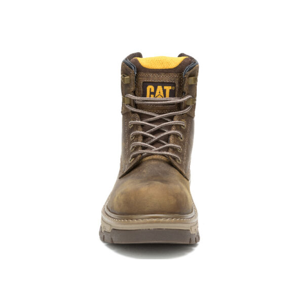 A forward-facing shot of the toe of a CAT Men's Colorado Equip Waterproof Composite Toe 6" Lace Up Work Boot.