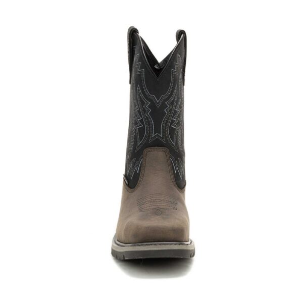 A forward-facing shot of the toe of a CAT Men's Colorado Frontier Steel Toe Pull-On Work Boot.