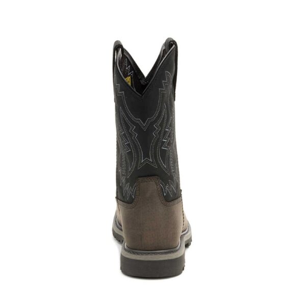 A look at the back and heel of a CAT Men's Colorado Frontier Steel Toe Pull-On Work Boot.