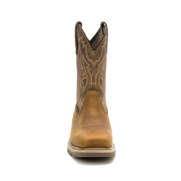 A forward-facing shot of the toe of a CAT Men's Colorado Frontier Steel Toe Pull-On Work Boot.