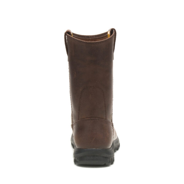 A look at the back and heel of a CAT Men's Drawbar Pull-On Work Boot.