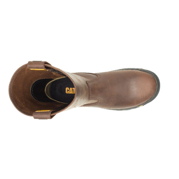 A bird's eye view of the top of a CAT Men's Drawbar Pull-On Work Boot.