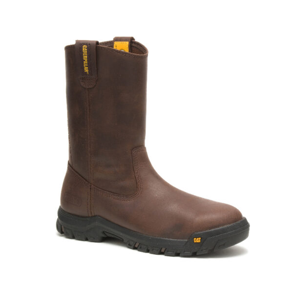 A 3/4 turned CAT Men's Drawbar Steel Toe Pull-On Work Boot.