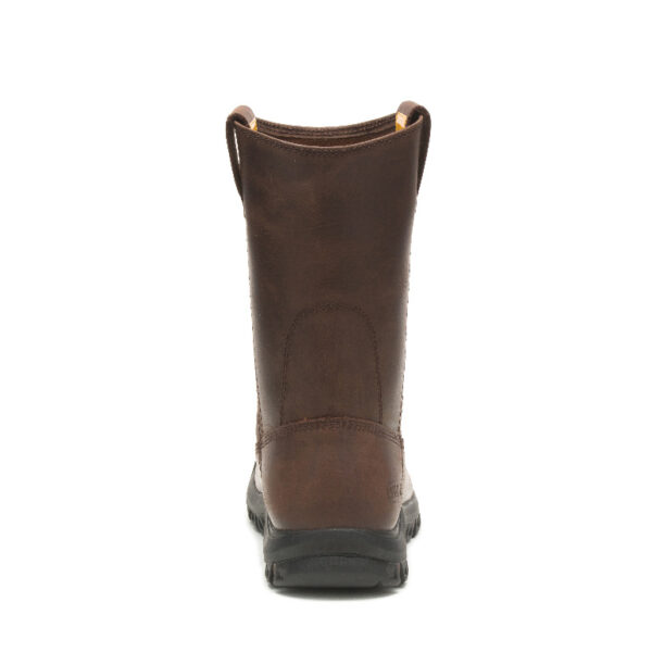A look at the back and heel of a CAT Men's Drawbar Steel Toe Pull-On Work Boot.