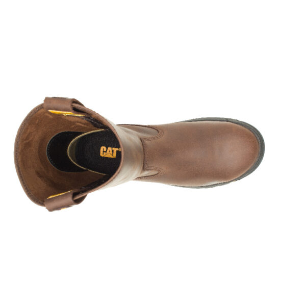 A bird's eye view of the top of a CAT Men's Drawbar Steel Toe Pull-On Work Boot.