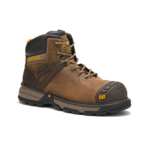 A 3/4 turned CAT Men's Excavator Superlite Waterproof Carbon Toe 6" Lace Up Work Boot.