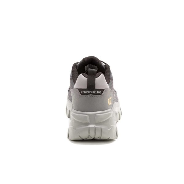 A look at the back and heel of a CAT Men's Invader Sport Lo Mesh Composite Toe Work Shoe.