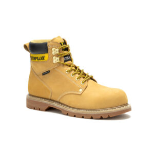 A 3/4 turned CAT Men's Second Shift Waterproof Steel Toe 6" Lace Up Work Boot.