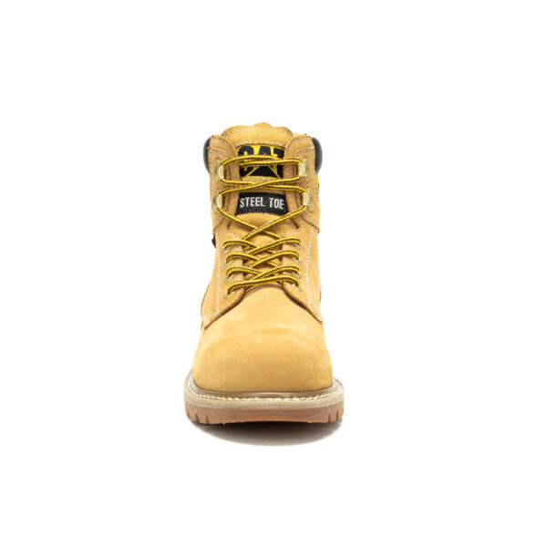 A forward-facing shot of the toe of a CAT Men's Second Shift Waterproof Steel Toe 6" Lace Up Work Boot.