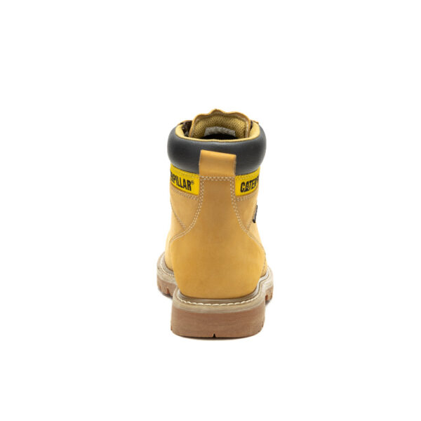 A look at the back and heel of a CAT Men's Second Shift Waterproof Steel Toe 6" Lace Up Work Boot.