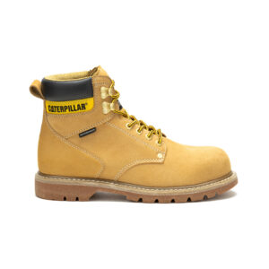 A right profile facing CAT Men's Second Shift Waterproof Steel Toe 6" Lace Up Work Boot.
