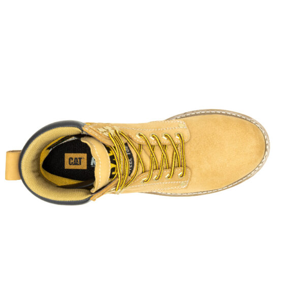 A bird's eye view of the top of a CAT Men's Second Shift Waterproof Steel Toe 6" Lace Up Work Boot.