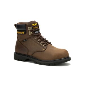 A 3/4 turned CAT Men's Second Shift Waterproof Steel Toe 6" Lace Up Work Boot.