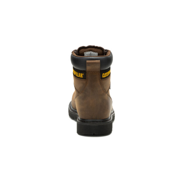 A look at the back and heel of a CAT Men's Second Shift Waterproof Steel Toe 6" Lace Up Work Boot.
