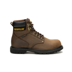A right profile facing CAT Men's Second Shift Waterproof Steel Toe 6" Lace Up Work Boot.