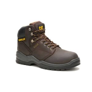 A 3/4 turned CAT Men's Striver Waterproof Steel Toe 6" Lace Up Work Boot.