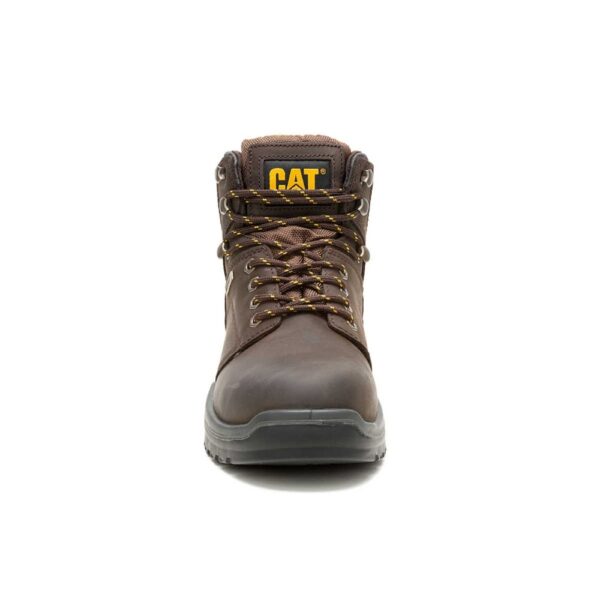 A forward-facing shot of the toe of a CAT Men's Striver Waterproof Steel Toe 6" Lace Up Work Boot.