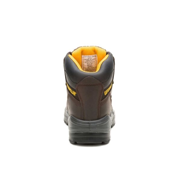 A look at the back and heel of a CAT Men's Striver Waterproof Steel Toe 6" Lace Up Work Boot.