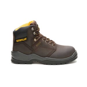 A right profile facing CAT Men's Striver Waterproof Steel Toe 6" Lace Up Work Boot.