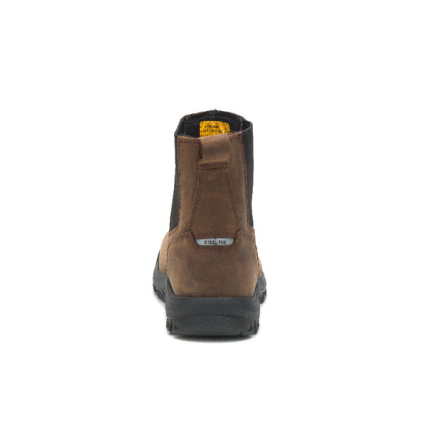 A look at the back and heel of a CAT Men's Wheelbase Steel Toe Pull-On Work Boot.