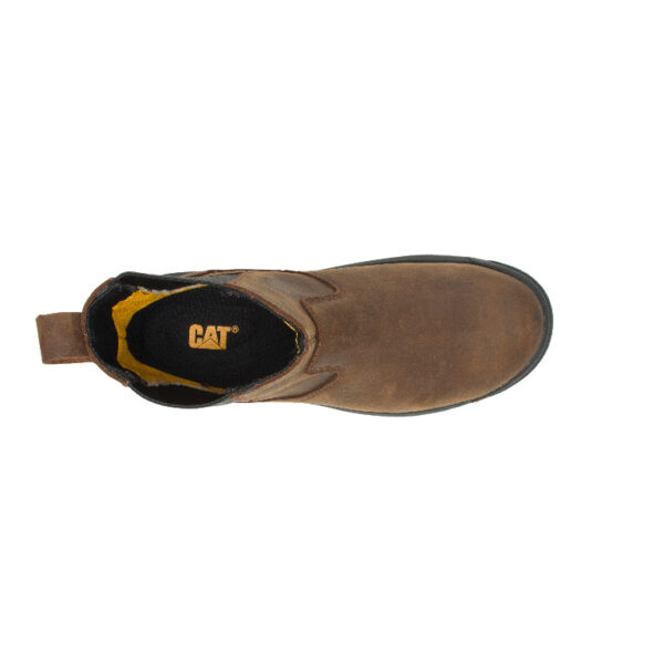 A bird's eye view of the top of a CAT Men's Wheelbase Steel Toe Pull-On Work Boot.