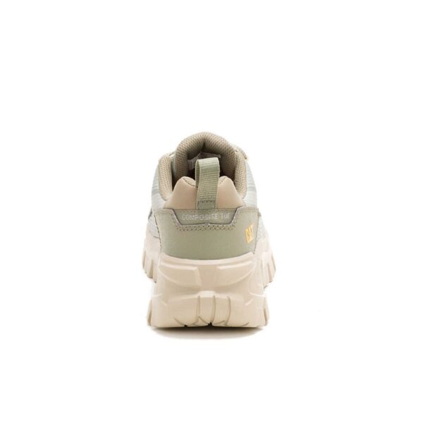 A look at the back and heel of a CAT Women's Invader Sport Lo Mesh Composite Toe Work Shoe.