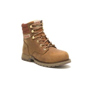 A 3/4 turned CAT Women's Paisley 6" Steel Toe Lace Up Work Boot.
