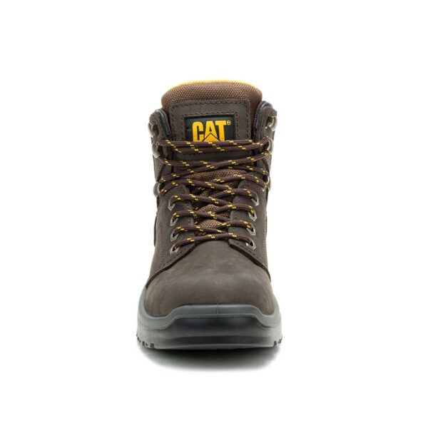 A forward-facing shot of the toe of a CAT Women's Striver Steel Toe 6" Lace Up Work Boot.
