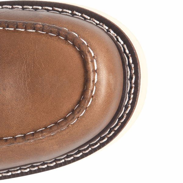 A bird's eye view of the toe of a Carolina Amp Roughout 6" Lace Up Work Boot.