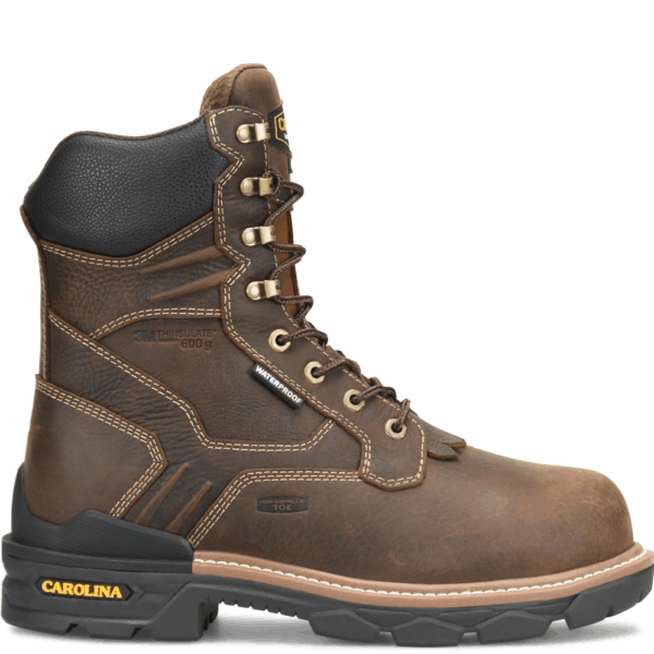 A right profile facing shot of a Carolina Cardinal 600g Insulated Composite Toe 8" Logger Work Boot.