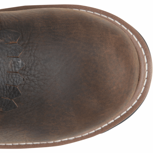 A bird's eye view of the toe of a Carolina Cardinal 600g Insulated Composite Toe 8" Logger Work Boot.