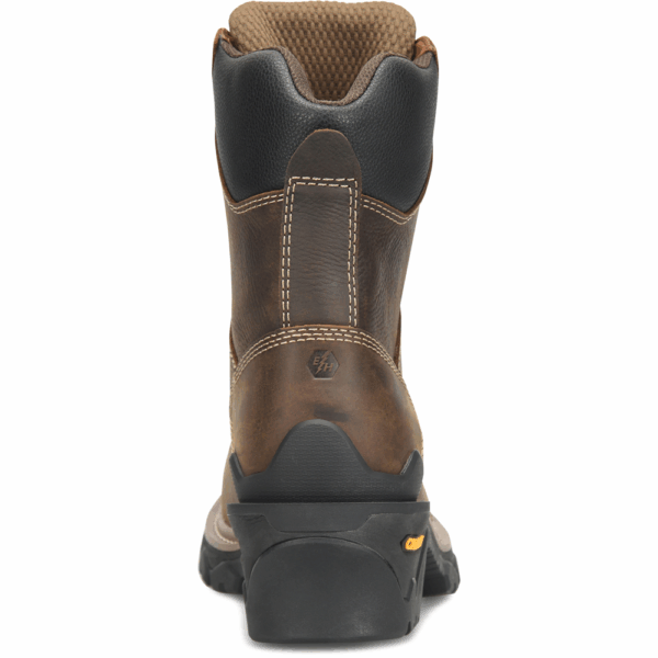 A look at the back and heel of a Carolina Cardinal Capacity Waterproof Composite Toe 8" Logger Work Boot.
