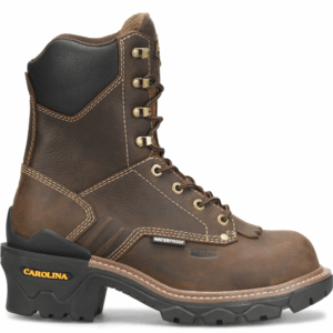 A right profile facing shot of a Carolina Cardinal Capacity Waterproof Composite Toe 8" Logger Work Boot.