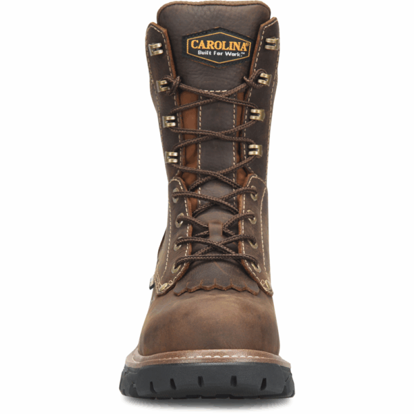A forward-facing shot of the toe of a Carolina Cardinal Capacity Waterproof Composite Toe 8" Logger Work Boot.