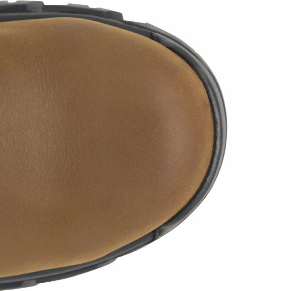 A bird's eye view of the toe of a Carolina Gruntz Waterproof Steel Toe 8" Lace Up Work Boot.