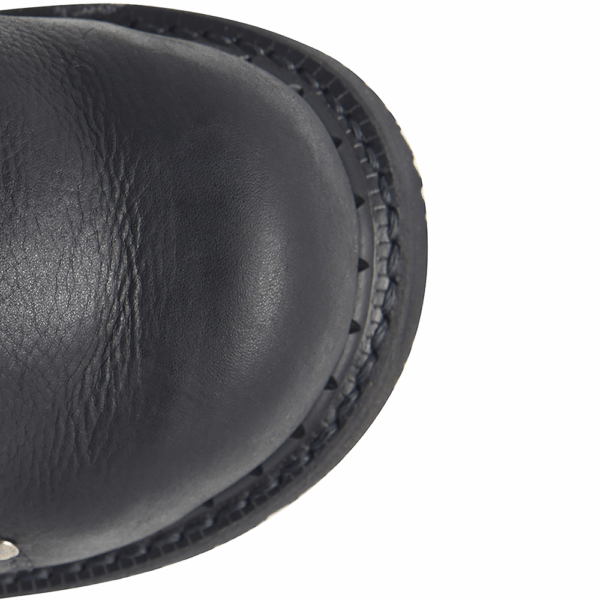 A bird's eye view of the toe of a Carolina Int Met Guard Steel Toe 6" Lace Up Work Boot.