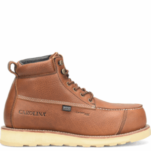 A right profile facing shot of a Carolina Staple Gun Waterproof Carbon Toe 6" Lace Up Work Boot.