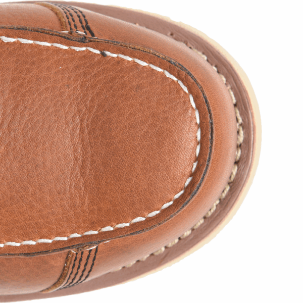 A bird's eye view of the toe of a Carolina Staple Gun Waterproof Carbon Toe 6" Lace Up Work Boot.