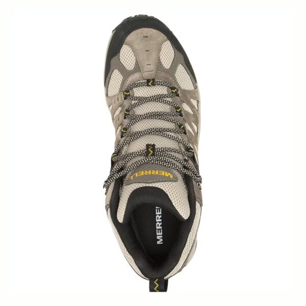 A bird's eye view of the top of a Merrell Men's Accentor 3 Mid Waterproof Hiking Boot.