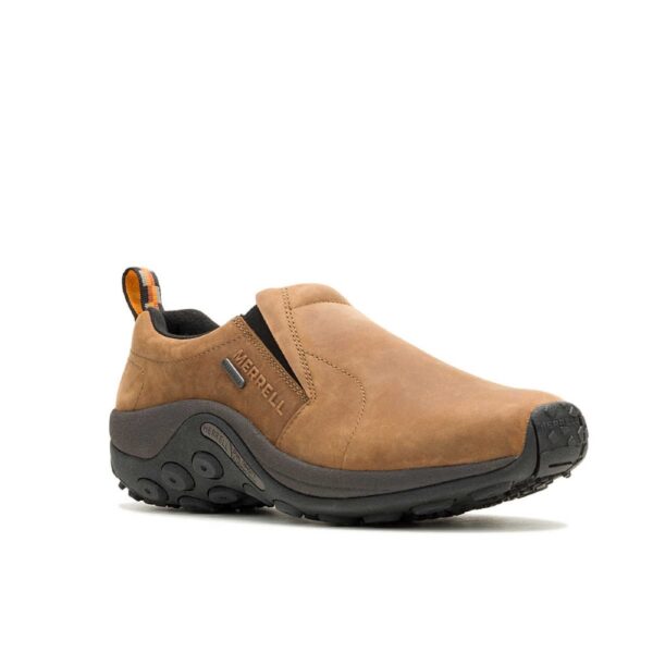 A 3/4 turned Merrell Men's Jungle Moc Nubuck Waterproof Slip-On Hiking Shoe.