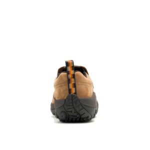 A look at the back and heel of a Merrell Men's Jungle Moc Nubuck Waterproof Slip-On Hiking Shoe.