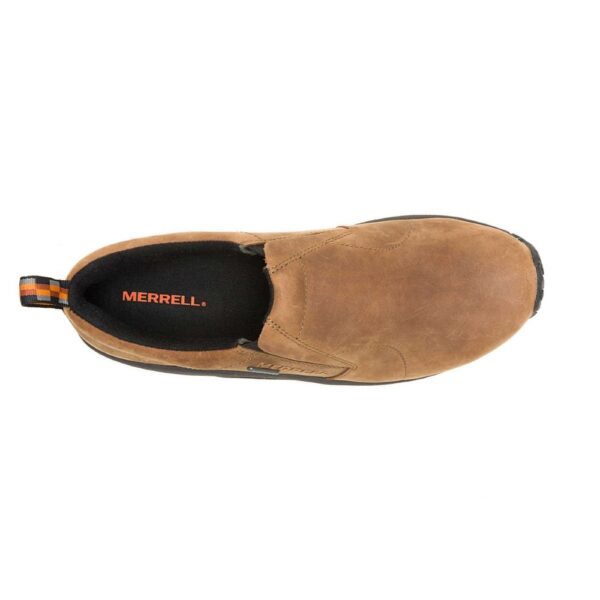 A bird's eye view of the top of a Merrell Men's Jungle Moc Nubuck Waterproof Slip-On Hiking Shoe.